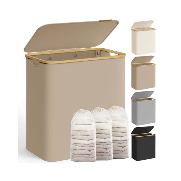 Tvättkorg 150 L med lock och 3 fack 60 x 38,5 x 70,5 cm kamelbrun