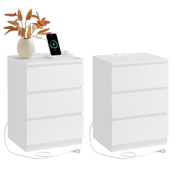 Sängbord, 2-pack, med eluttag, sidobord med 3 lådor
