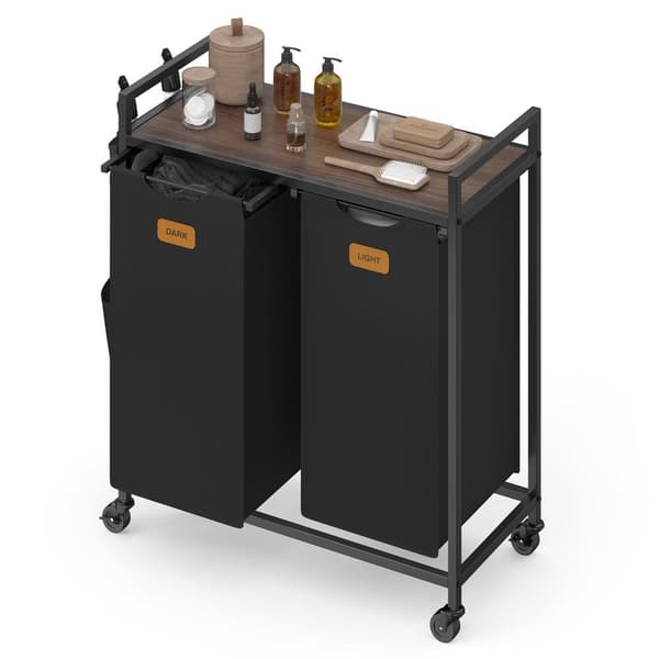 VASAGLE vasketøjskurv, vasketøjsbeholder, vasketøjssorterer, hjul, vasketøjsvogn med hylde, små sidelommer, 6 etiketter, 2 rum, 100 L, blæksort-askebr