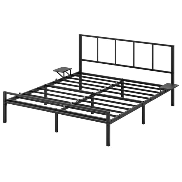 VASAGLE dobbeltseng, seng, 160 x 200 cm, metal seng, sengestel, med hovedgærde, moderne, med opbevaringshylder, gæsteseng, til teenagere, mat sort