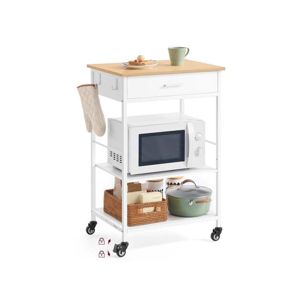 Köksvagn med hjul, mobil serveringsvagn med förvaringsutrymme, köksö, 47 x 60 x 90 cm, låda, 2 krokar, för matsalen, ekbeige-mattvit