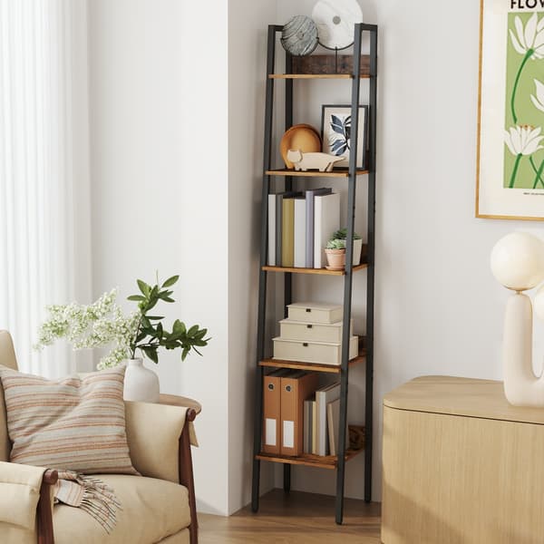 Bokhylla, steghylla med 5 hyllplan, smal, öppen fristående hylla Arbetsrum, vardagsrum, sovrum, industriell design, svart