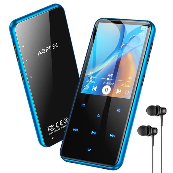 AGPTEK 64Go MP3 Bluetooth 5.3, 2.4‘’ Stort Skärm, Högtalare Musikspelare HiFi med Touch-Knapp/FM Radio/Spelare, Blå