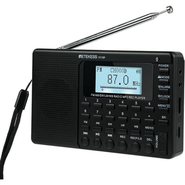 Retekess V115P Radio Bärbar, Radioapparat, AM/FM/SW/LW/WB, 1800mAh, TF/AUX, Inspelning, belysning, Sömn Timer