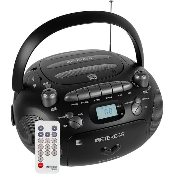 Reteness TR630 Bärbar CD-spelare, FM-radio CD-spelare Kassett Boombox, Inspelare med fjärrkontroll, BBS/MP3/WMA stereoljud
