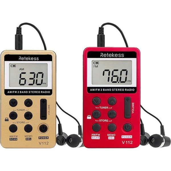 Retekess V112 Mini Radio, Fickradio med Hörlurar, FM AM, Bärbar, Uppladdningsbar Walkman, Väckarklocka, Hörlursuttag, Utomhus (2 st)
