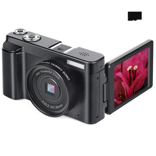 Digitalkamera med 48 MP, HD 1080p, 16x zoom, flip screen, 32GB minneskort