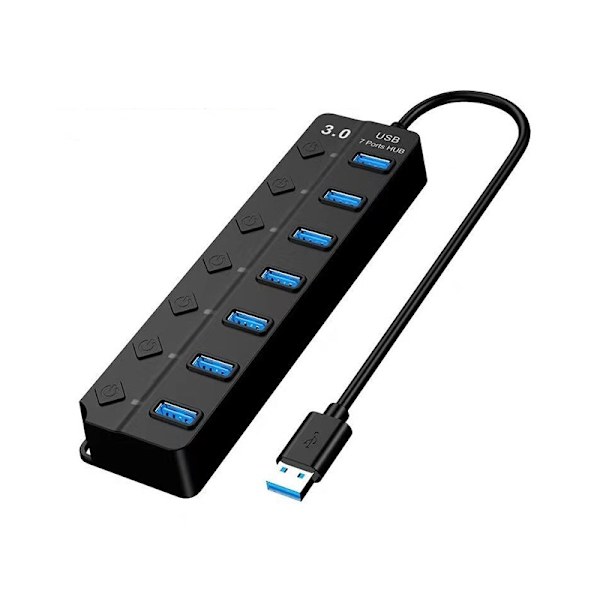 7-Port USB 3.0 Hub med individuelle brytere og LED-indikatorer, kompatibel med Huawei, Samsung, APPLE, Garmin