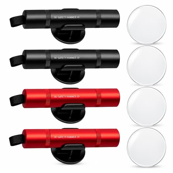 Bilfönsterbrytare 4-pack — aluminium nödhammare för fordon med bälteskärare, fjäderbelastad glasskärare för snabb utrymning, röd/svart inkl fäste och 