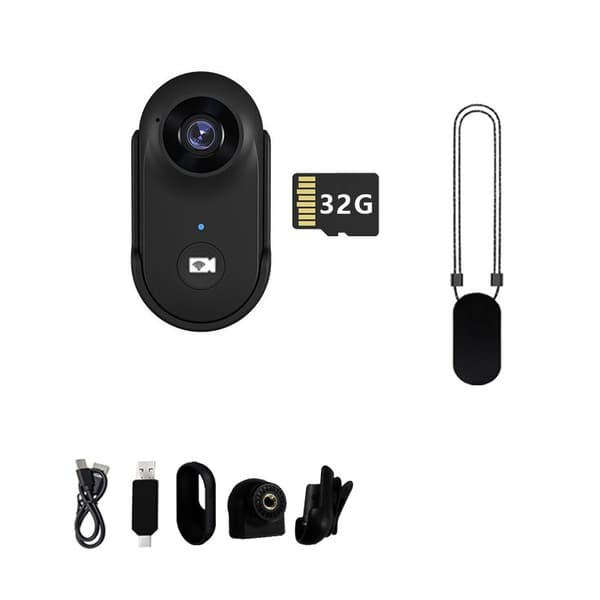 A100+ Sort Thumb Action Kamera med Magnetisk Sæt & 32G TF Kort - Lommeformat 1080p HD Optagelse