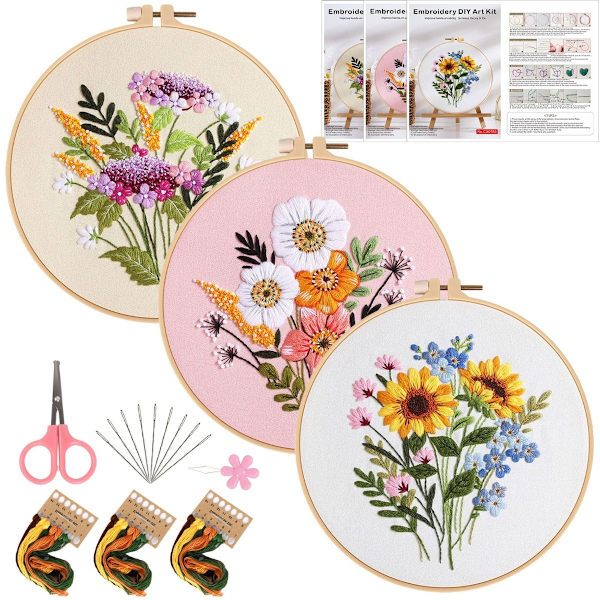 DIY Handbroderi Startkit - 3 Set med Blommönster, Båge och Verktyg, Perfekt för Nybörjare och Erfarna