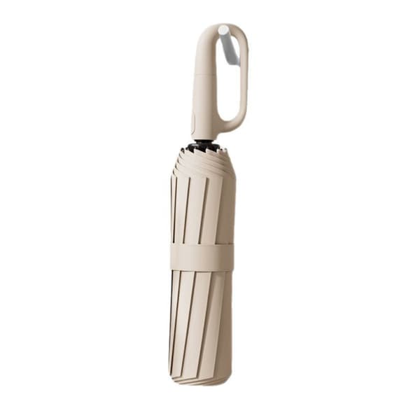 120-rib automatisk hopfällbart paraply med krok — portabelt 32.5x6cm tre-delad, UPF50+ sol- och regnskydd Beige