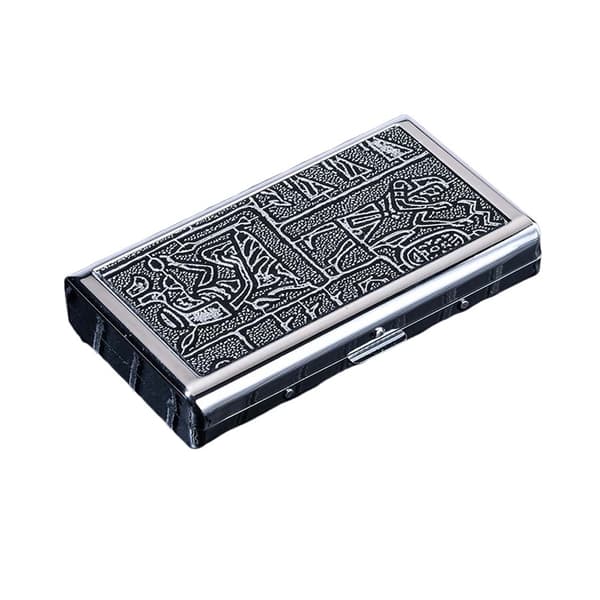 Bärbart cigarettfodral i läder - Silver Egyptisk Design, Rymmer Tjocka, Medium och Smala Cigarett
