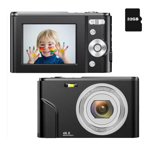 Digitalkamera med 48 MP, HD 1080p, 16x zoom, hukommelseskort Black