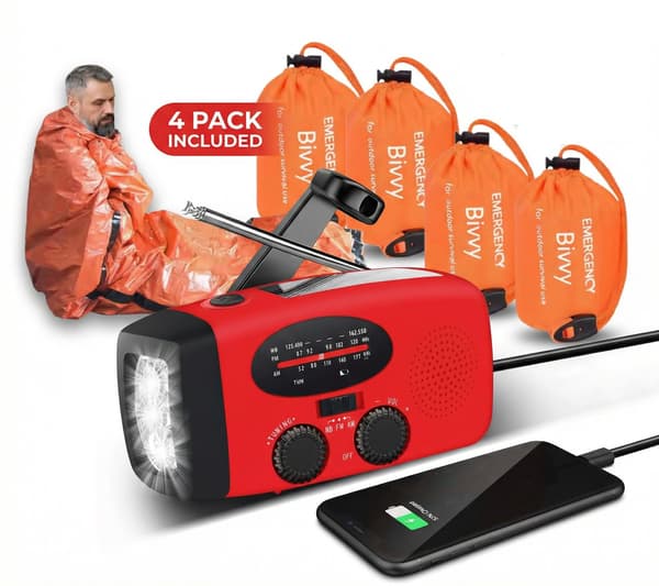 Nödkit Survival Bundle – Vevradio med solceller + 4-pack Emergency Bivvy sovsäckar | Krisradio Powerbank Outdoor Survival