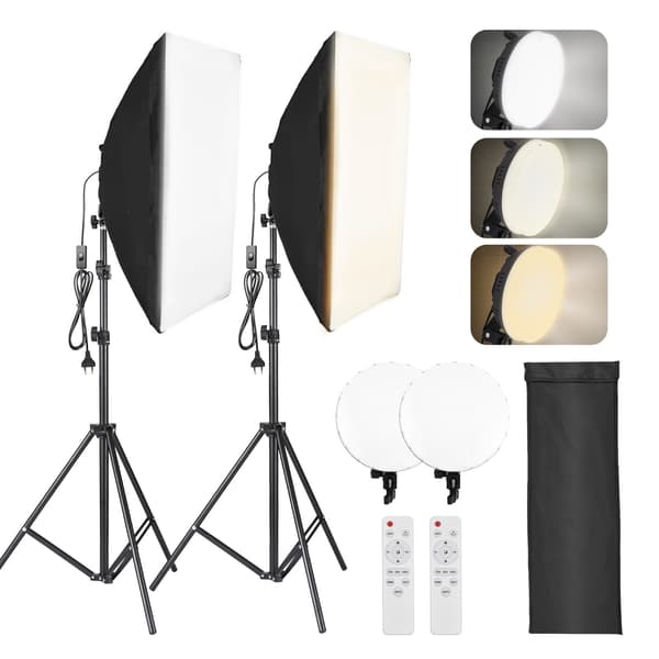 Studiofotografiskt ljussats med softbox, 50x70 cm softbox ×2 + 80W bi-färg LED-videolampa ×2 + metallstativ ×2 + fjärrkontroll ×2 för studio-, porträt