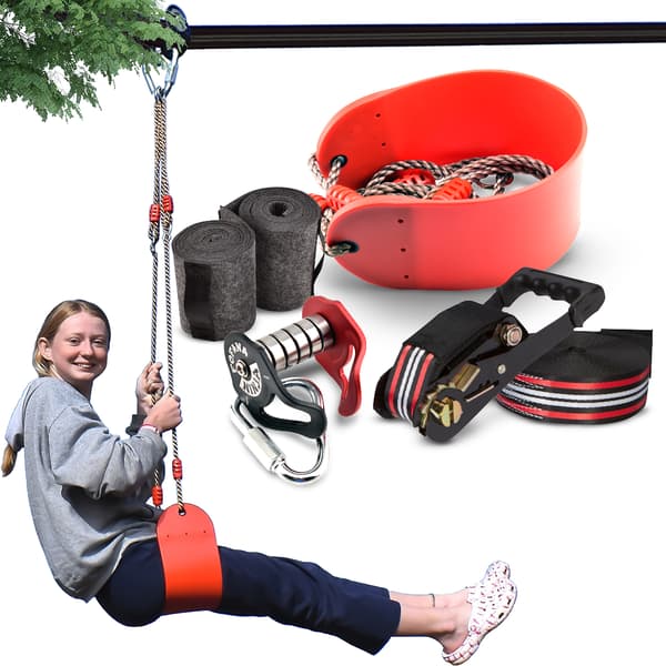 Fofana Ninja Zipline-kit för Barn – 20 m, Röd – Zipline med Gunga + Hjul, max 113 kg