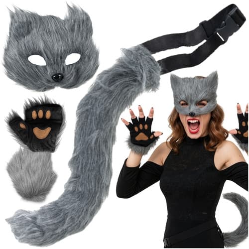 Kattmask med Tassar och Justerbar Svans - 4 Delar - Grey