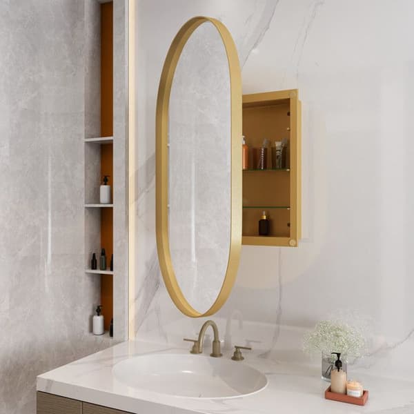 Elegant ovalt spegel med integrerad skåp, väggskåp med metallstruktur, gyllene finish