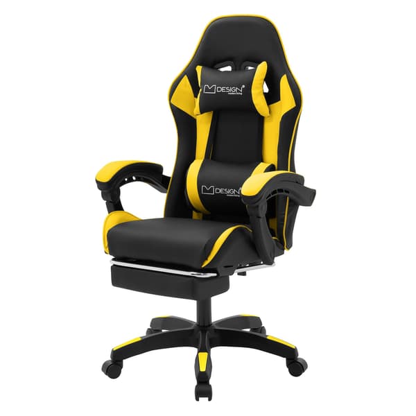 ML-Design gamingstol med fotstöd, gul, tillverkad av konstläder, ergonomisk kontorsstol med armstöd, nackstöd, svankdyna, snurrbar stol justerbar,