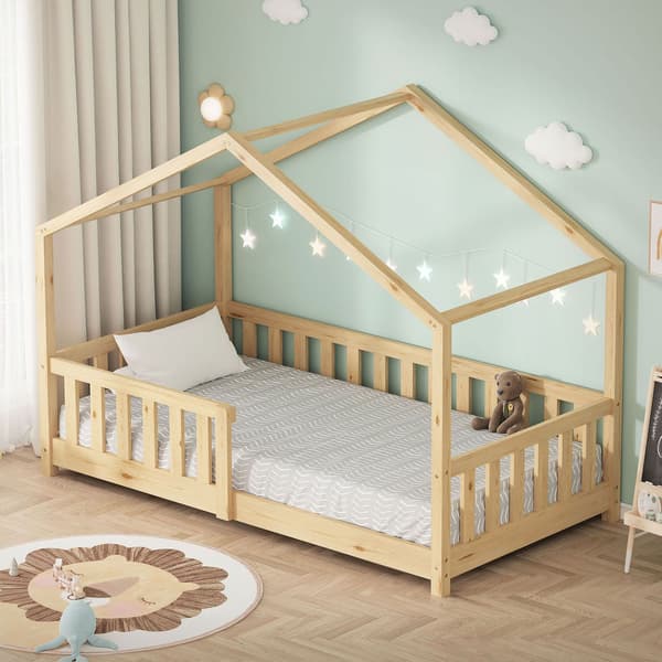 ML-Design børneseng hus seng 80x160 cm natur, træseng med faldsikring, lamelramme og tag, legeseng af massivt fyrretræ til børn, Montessori gulvseng