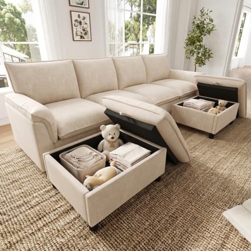 U-formad cloud-hörnsoffa, djup sittplats, 2 rörliga pallar & hög rygg – 264,5x142,5x84 cm, beige