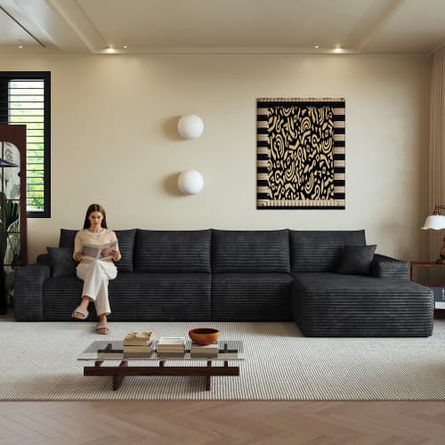 340 cm sort modulsofa uden montering, L-formet hjørnesofa med chaiselong og dyb siddekomfort, komprimeret skumsofa