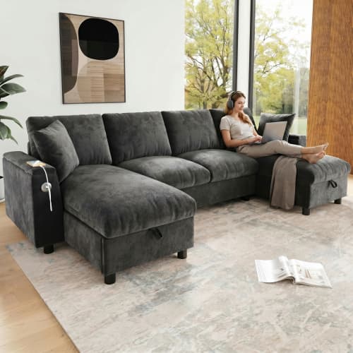 U-formad chenille-soffa, 2-sits + 2 chaise longues, förvaring, USB-C – 279x135x84 cm, grå