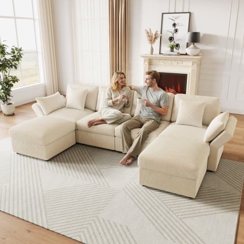 U-formad modulsoffa 6-sits med justerbara armstöd avtagbar puff i cordtyg för vardagsrum och sovrum beige