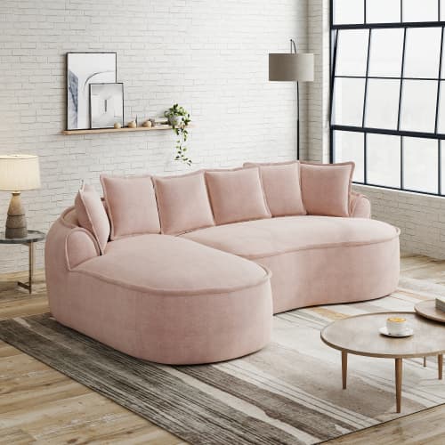 Ramlöst molnsoffa i chenille, L‑formad med extra djup sits, breda armstöd, chaiselongue och kuddar, ingen montering, rosa