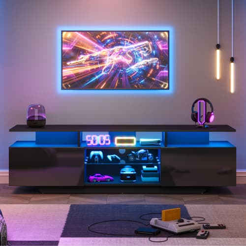 Svart högblank TV-bänk 160x40x45 cm med LED-ljuslist, två skåp och åtta förvaringsytor för tv upp till 70 tum i vardagsrum