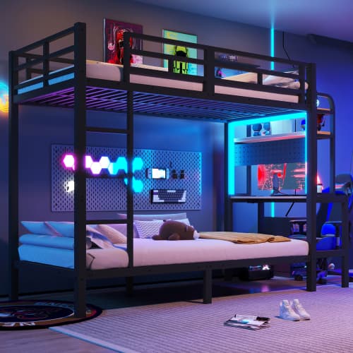 Etageseng 90x200 cm i jernramme med hylde, skrivebord, LED, USB & sikkerhedsgelænder – sort, uden madras