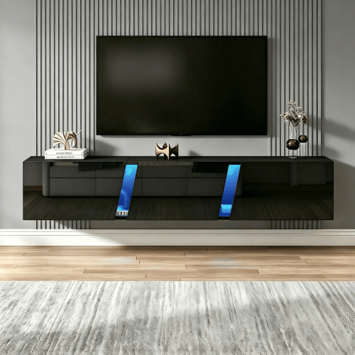 Väggmonterad TV-bänk 180x35x30 cm i svart högblank med LED-belysning och tre skåpdörrar för tv upp till 75 tum