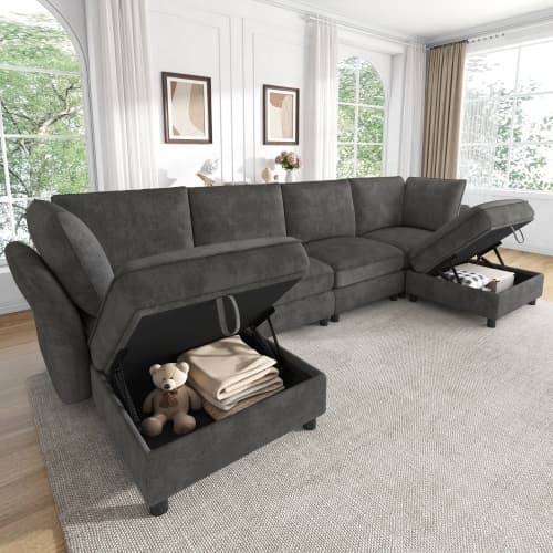 Modulär 6-sits U/L-hörnsoffa grå i chenilleväv, fritt kombinerbar, molndesign, förvaringspall, för vardagsrum och sovrum