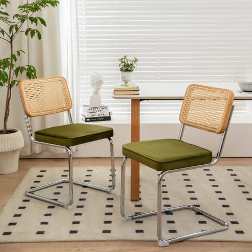 2 spisestole, fløjl & rotting, kromben, Breuer-design – til spisestue, stue & køkken