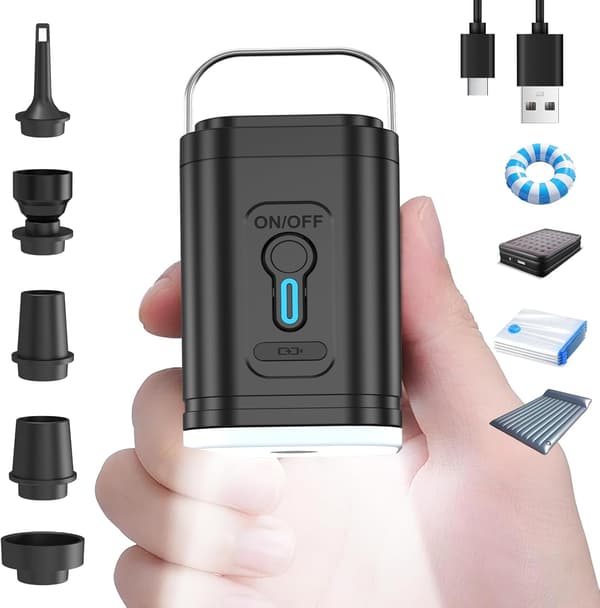 Kannettava ilmapumppu puhallettaville tuotteille 2400 mAh akulla ja LED-retkeilyvalolla, nopea täyttö/tyhjennys makuualustoille (musta)