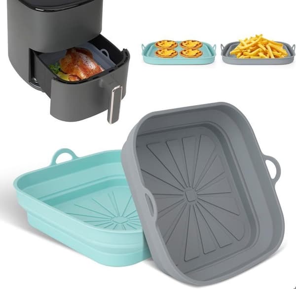 (Grå og Grøn) Airfryer Tilbehør, 2-pak Silikoneform til Varmluftfriture Genanvendelig Airfryer Gryde Sammenklappelig Firkantet Skål, Grå Grøn