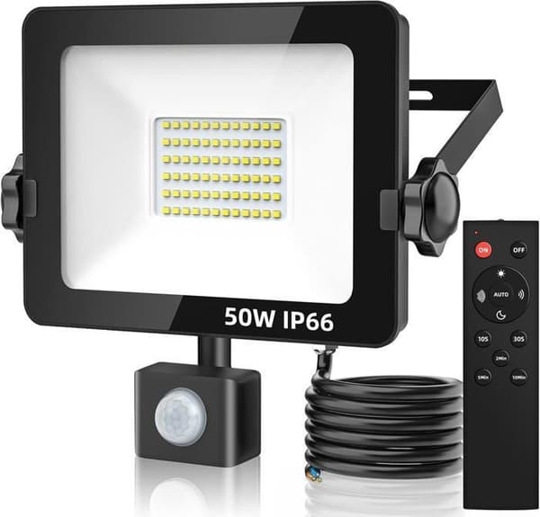 50 W:n ulkokäyttöön tarkoitettu LED-valonheitin liiketunnistimella, IP66-vedenpitävä ulkokäyttöön tarkoitettu LED-kohdevalo kaukosäätimellä, 4500 lume