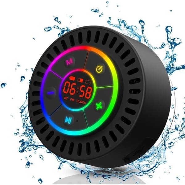Bärbar Bluetooth-duschhögtalare, IPX7 vattentät högtalare med sugkopp, kraftfull högtalare med ljus, badrumsradio