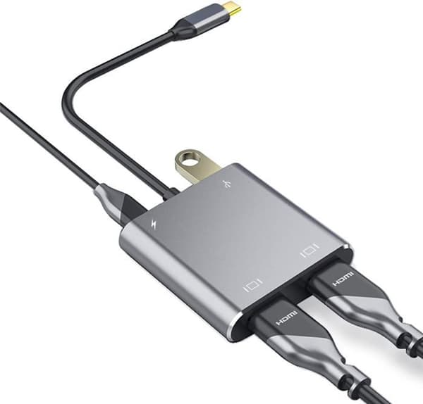 (Grå) USB C til dobbel HDMI-adapter, 4-i-1 USB type C til dobbel HDMI-skjerm MST-hub 4K 60Hz med USB 2.0 og USB-C 100W PD
