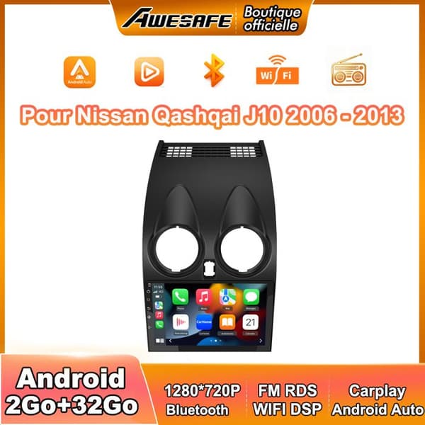 AWESAFE Bilradio Android 2Go+32Go för Nissan Qashqai J10 2006-2013 Carplay Trådlös Bluetooth med 9'' skärm Android Auto WiFi