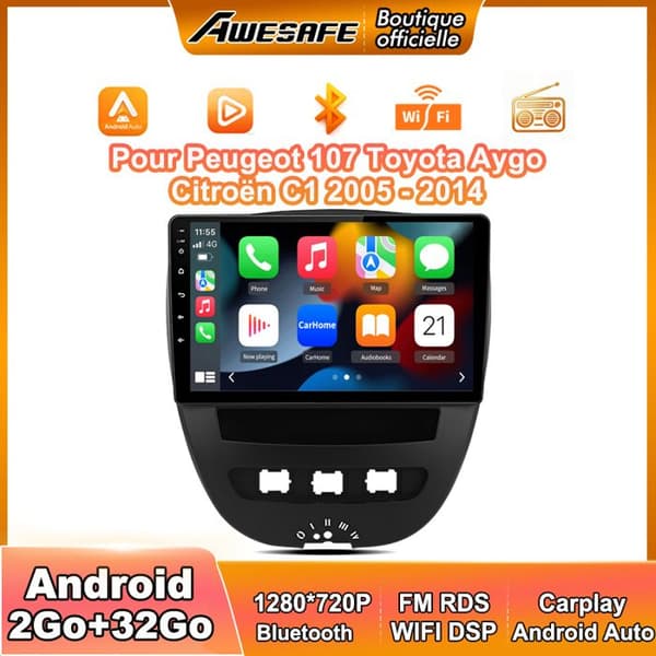AWESAFE Autoradio Android 2Go+32Go för Peugeot 107 Toyota Aygo Citroen C1 10 Tum med Carplay GPS WiFi Bluetooth Android Auto