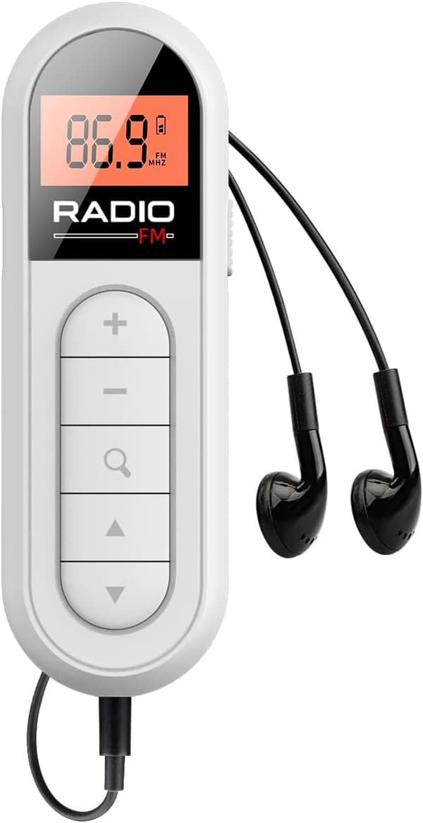 FM-lommeradio - bærbar opladningsradio med fremragende digital tuningmodtagelse - LCD-skærm - bælteclips - stereo hovedtelefonstik - fitnesscenter - v