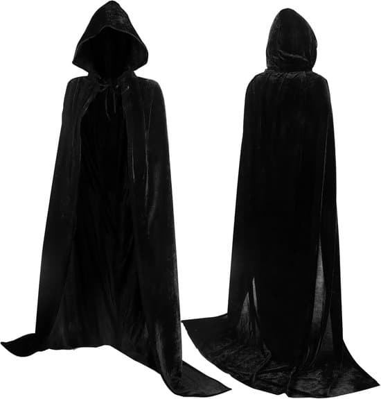 Lyxig Svart Huvkappa - 170cm - XXL - Karneval Halloween Kostym - Svart Velourkappa - Hatt - Vuxna - Utklädnad - Kostymkappa - Svart - 170cm