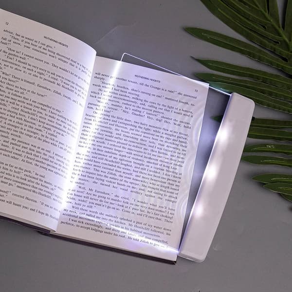Platt boklampa-sidläslampa-läs i sängen-transparent LED-boklampa-helsidesbelysning-transparent panelbordslampa-panellampa-trådlös-vit