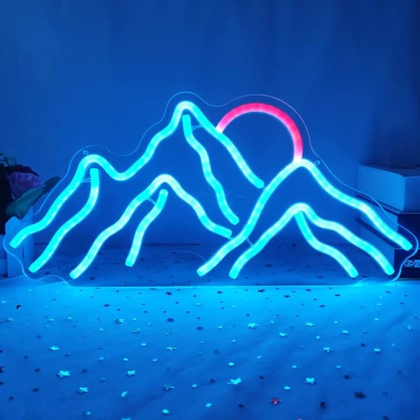 Neon LED bergsljuspanel, 43x20cm, soluppgångs- och solnedgångsdesign för sovrum, vardagsrum, hotell, väggdekoration, julklapp