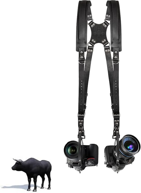 Kamerarem, kameraremmar för fotografer, dubbel kamerarem i läder för två DSLR/SLR-kameror (svart)