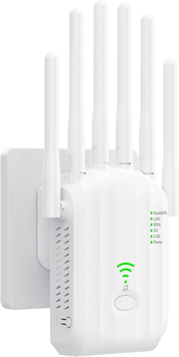 Kraftfull Wi-Fi-förlängare för inom- och utomhusbruk med 6 antenner, 1000 m² täckning, repeater/AP dubbelläge, 2 LAN-portar, snabb installation för he