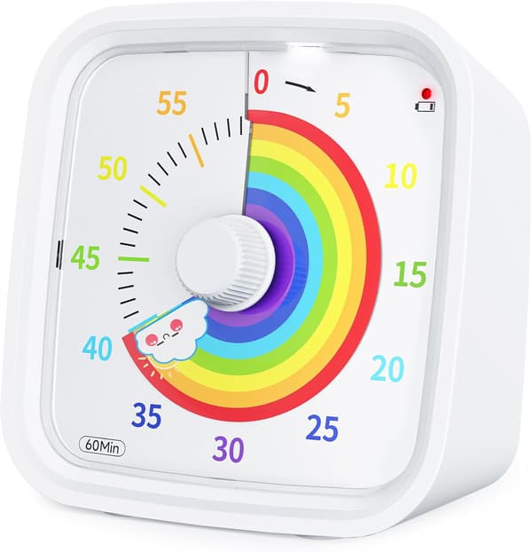 Visuell timer med skyddande lock, regnbågsskiva 60-minuters nedräkningstimer för barn och vuxna, tyst tidshanteringsverktyg (vit)