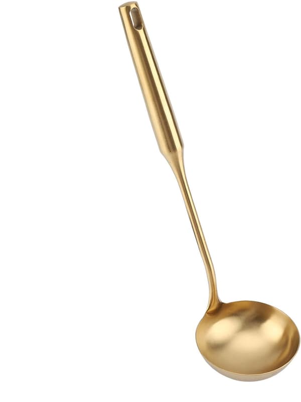 Suppeøse lavet af 304 rustfrit stål med ergonomisk rundt vakuumhåndtag, kogeske, stor suppeøse, guld.